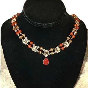 AVON NR Cranberry Orange Red Amber & Clear Crystal 16" Necklace Holiday